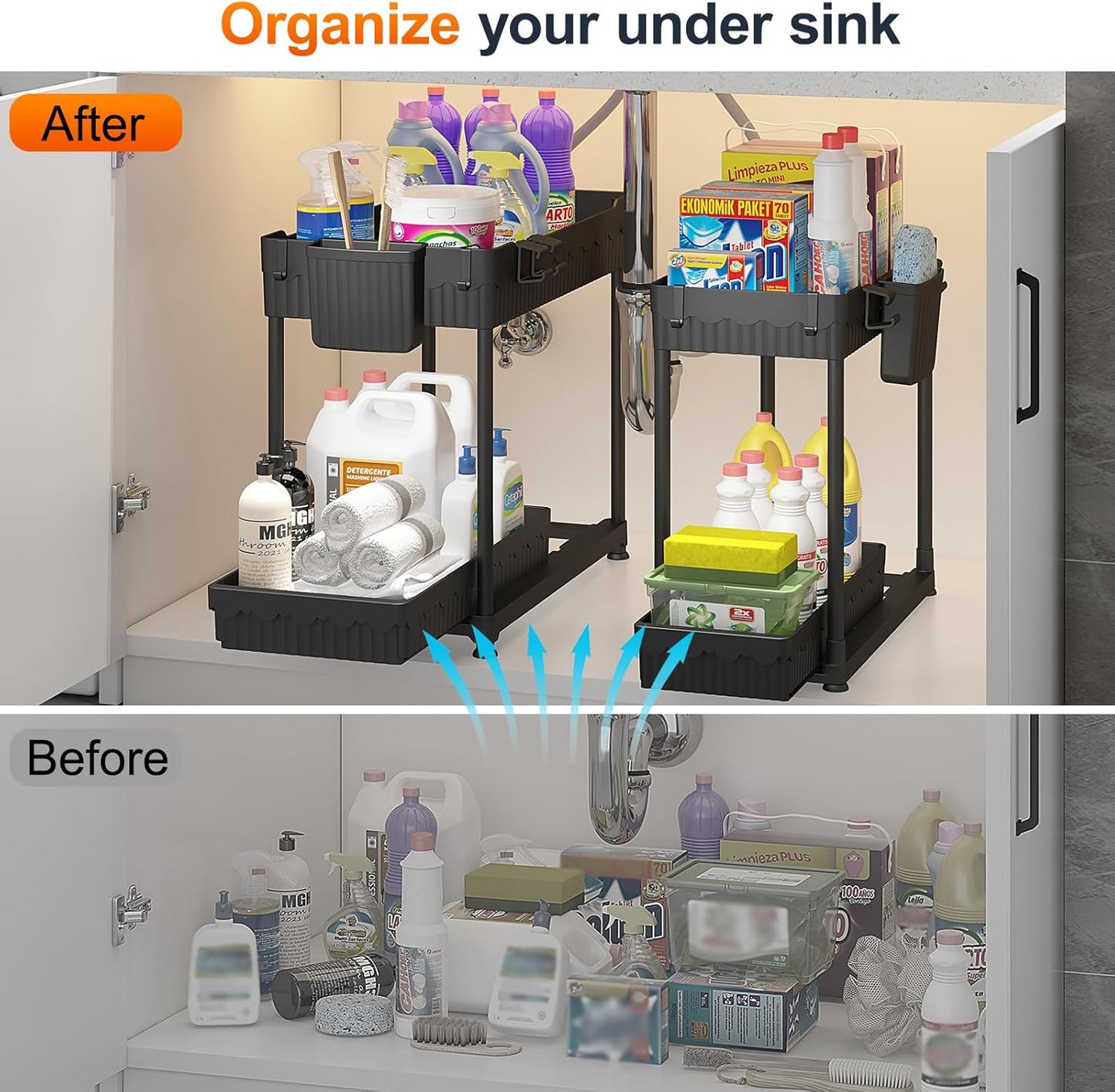 Sevenblue 4 Pack Under Sink Organizer, Bathroom Organizers and Storage, 2 Tier Multi-Use Pull Out Cabinet Organizer with Hang Hooks and Cups (Black, 4 Pack)