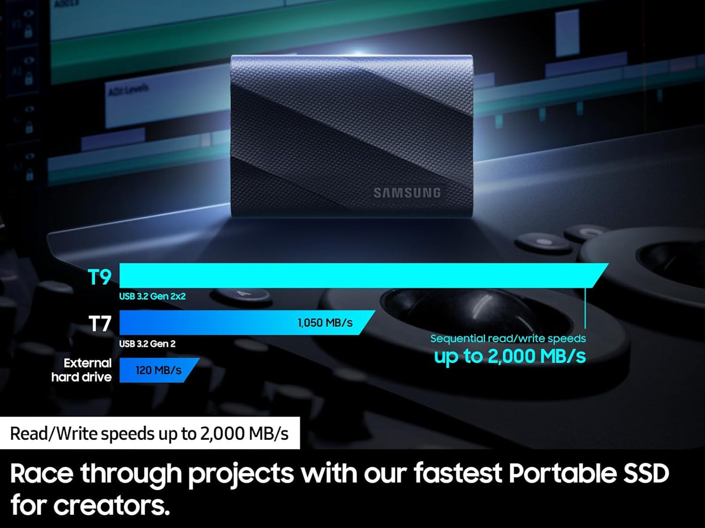 Samsung T9 Portable SSD 1TB, USB 3.2 Gen 2x2 External Solid State Drive, Seq. Read Speeds Up to 2,000MB/s for Gaming, Students and Professionals, MU-PG1T0B/AM, Black