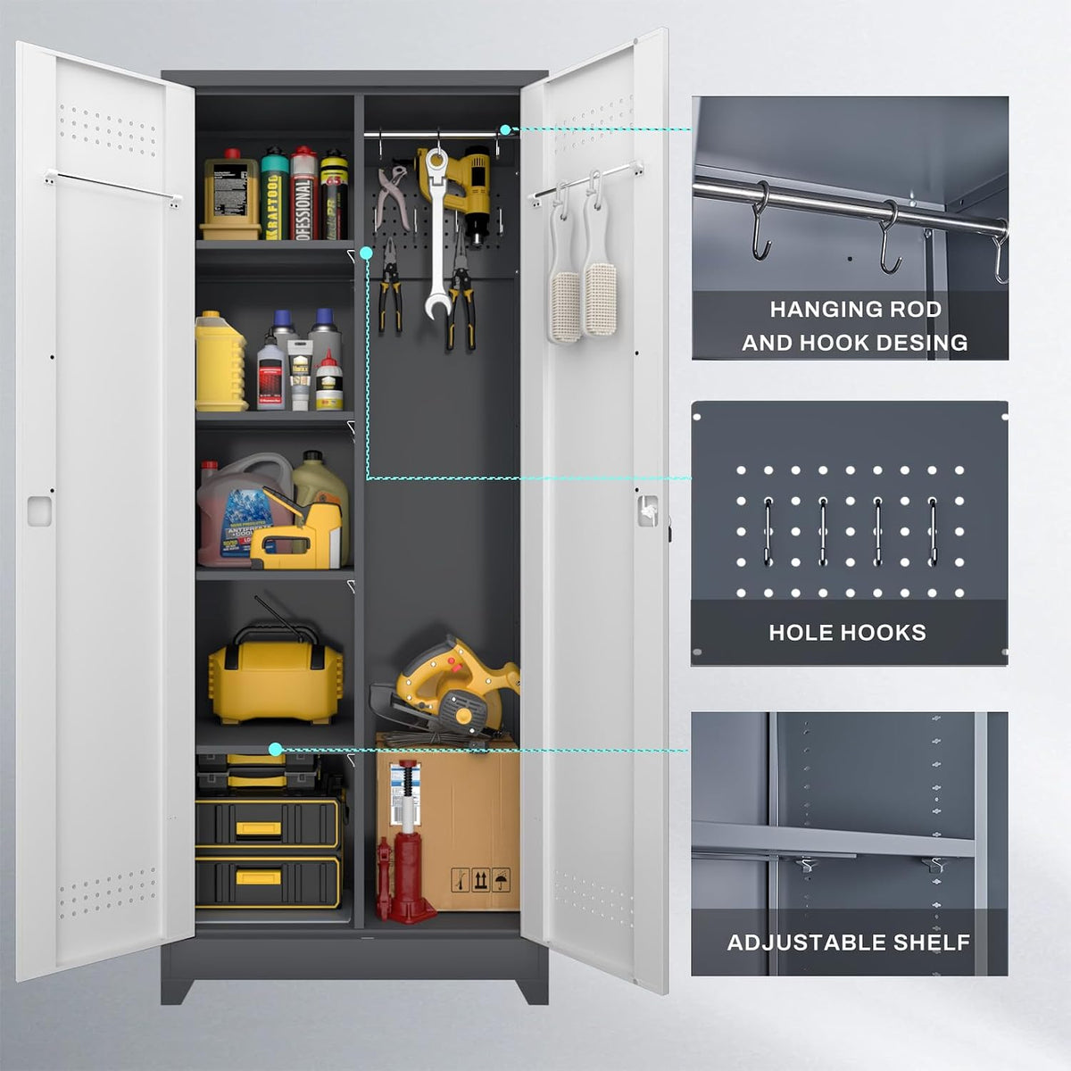 LUCYPAL Broom Storage Cabinet with Locking Doors and Shelves,Broom Closet Storage Cabinet with Hanging Rod and Hooks,Metal Garage Cabinets for Kitchen,Bathroom,Office 72.8" H White&Grey