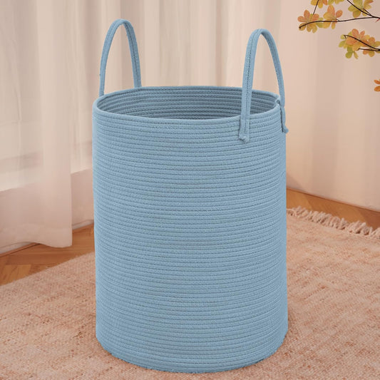 JMvicyroam Large Woven Laundry Basket Hamper,60L Cotton Rope Storage Bin for Blankets,Toys and Clothes,Decorative Tall Nursery Hamper for Living Room,Baby Nursery,Bathroom and Bedroom,Blue