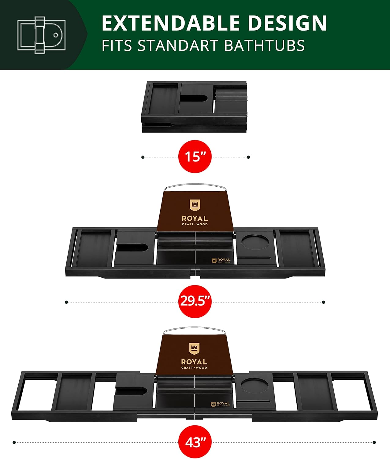 ROYAL CRAFT WOOD Premium Foldable Bathtub Tray Caddy - Wood Bath Tray for Tub, Bamboo Shelf, Expandable Bath Table Trays, Bathtub & Bathroom Accessories for New Home & Mothers, Birthday Gifts for Mom