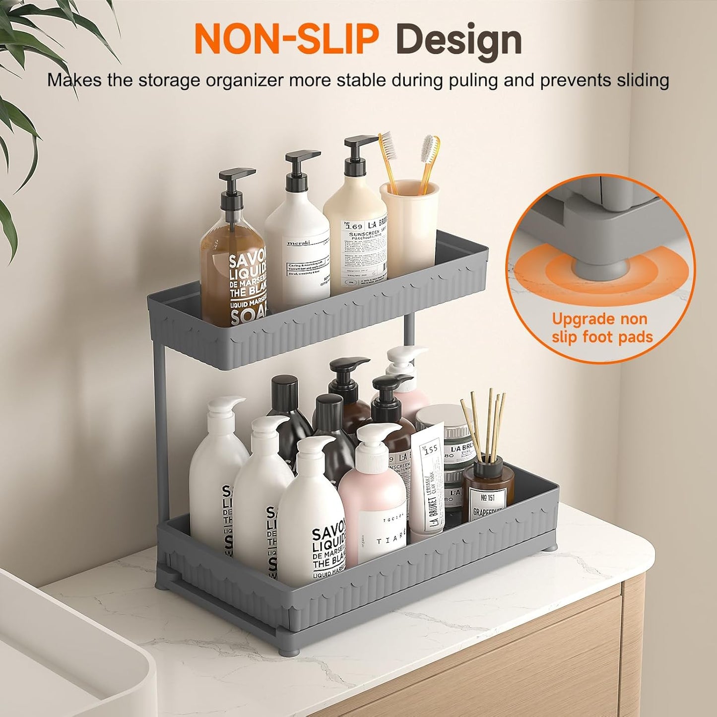 Sevenblue 3 Pack Multi-Purpose Pull-Out Storage Organizers, 2-Tier L-Shaped Under Sink/Cabinet Organizers and Storage for Bathroom & Kitchen,Grey,12.85 Inch