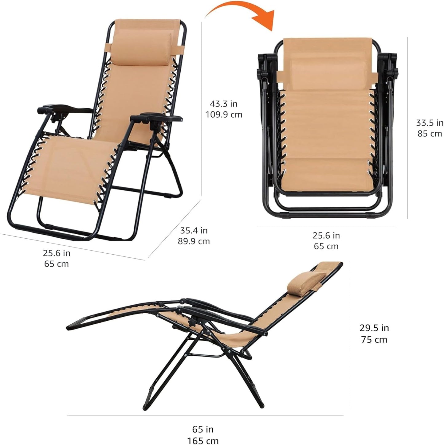 Amazon Basics Zero Gravity Lounge Chair with Pillow, Foldable Outdoor Reclining Chair for Patio and Beach, Weather-Resistant Textilene, 300 lb Capacity, 26", Beige