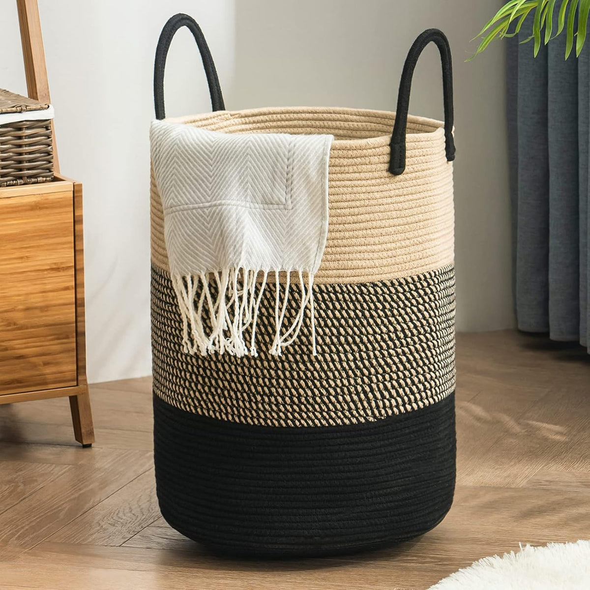 YOUDENOVA Woven Laundry Hamper Basket, 72L Tall Laundry Basket-Black&Brown