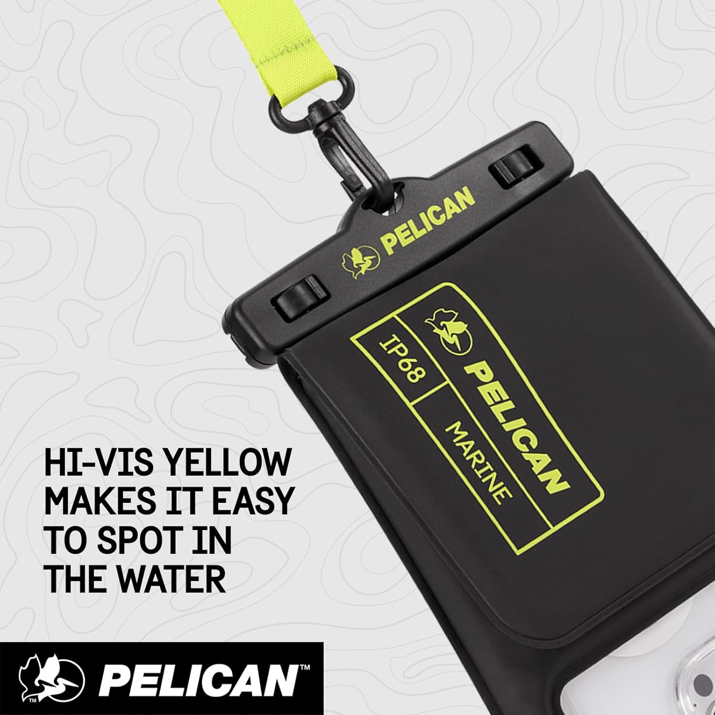 Pelican Marine - IP68 Waterproof Phone Pouch w/Storage Pocket (Large) - Floating Waterproof Phone Case - Beach Cruise Travel Essentials - Fits All Phones - Detachable Lanyard - Black/Hi-Vis Yellow