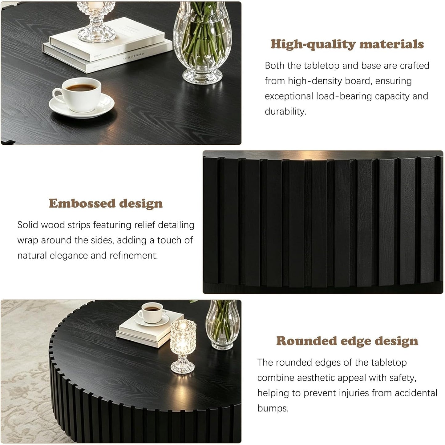 31.5" Modern Round Coffee Table (Round Black) | Contemporary Circle Fluted Center Table, Solid Wood Relief, Vintage Wooden Accent Table, For Living Room, Small Spaces