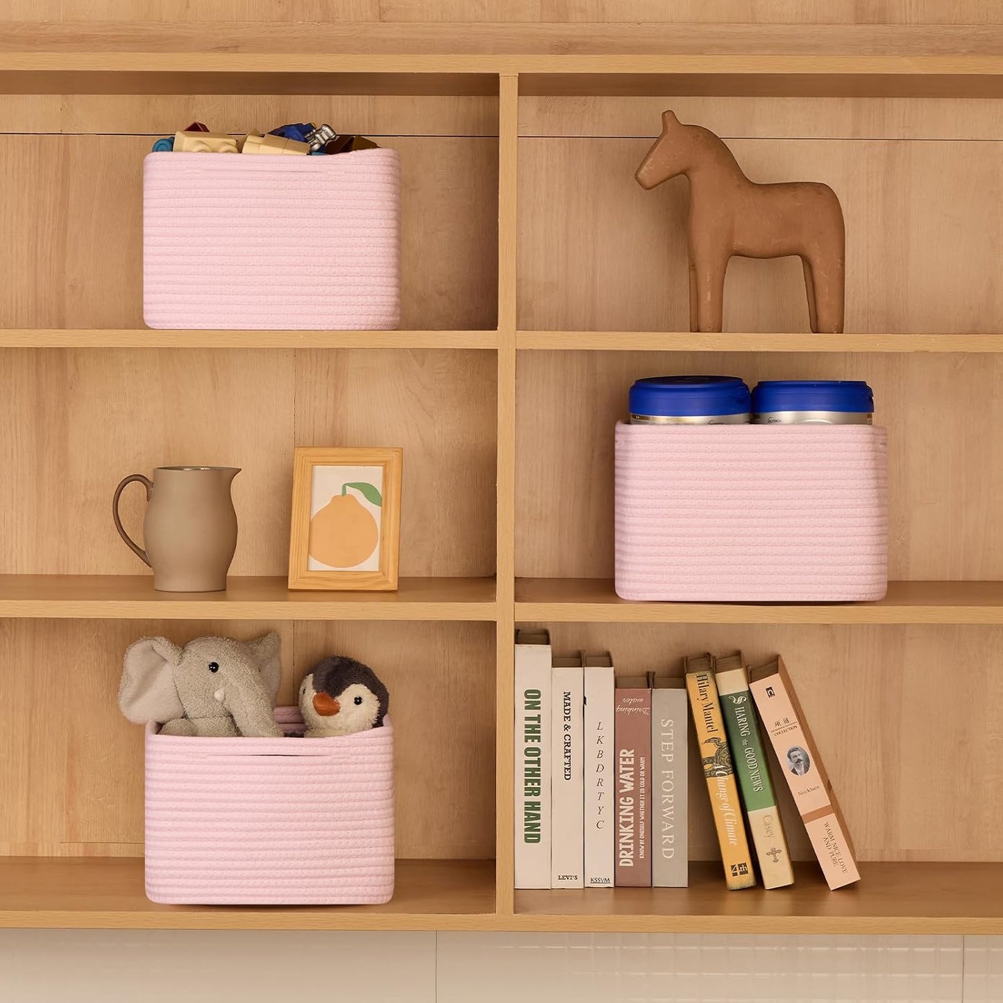MiniArk Small Organizing Baskets for Cubes Shelf, 9.7x9.7x7.1 Inch Rope Woven Storage Bins for Nursery Shelves Storage, Cute Toy Basket, Square 3 Packs Light Pink