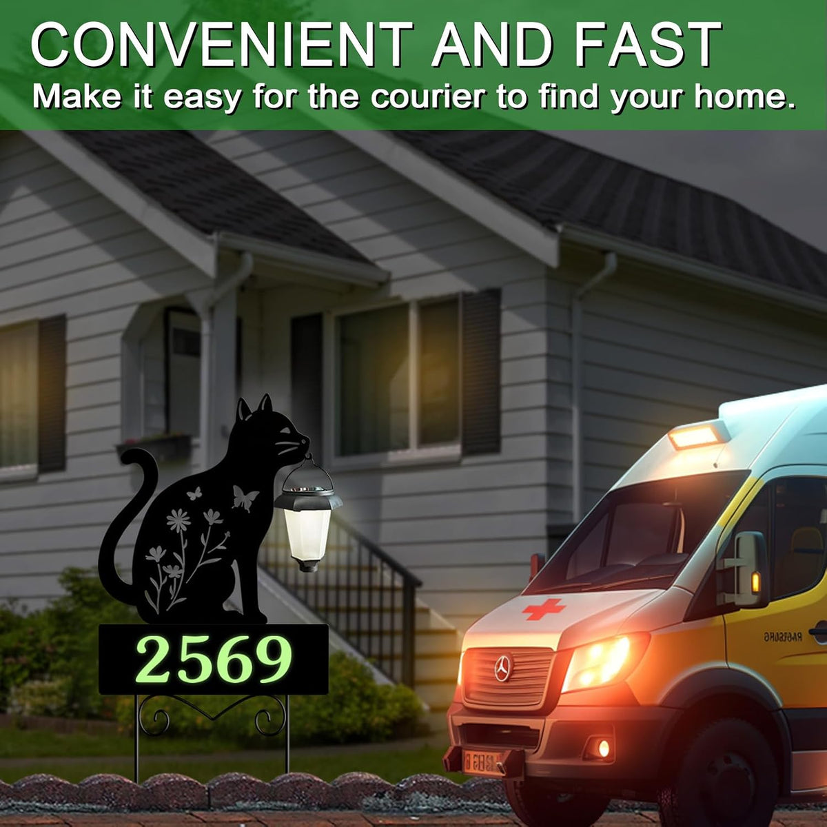 Solar Address Signs for Houses,Metal Cat House Number Outside Yard Stakes