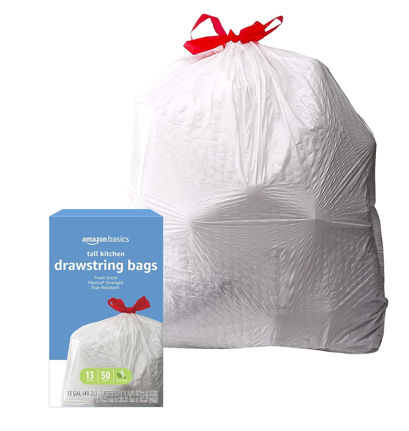 Amazon Basics Flextra Strength Tall Kitchen Drawstring Trash Bags,Fresh Scent,Tear Resistant,13 Gallon,50 Count (Pack of 2)