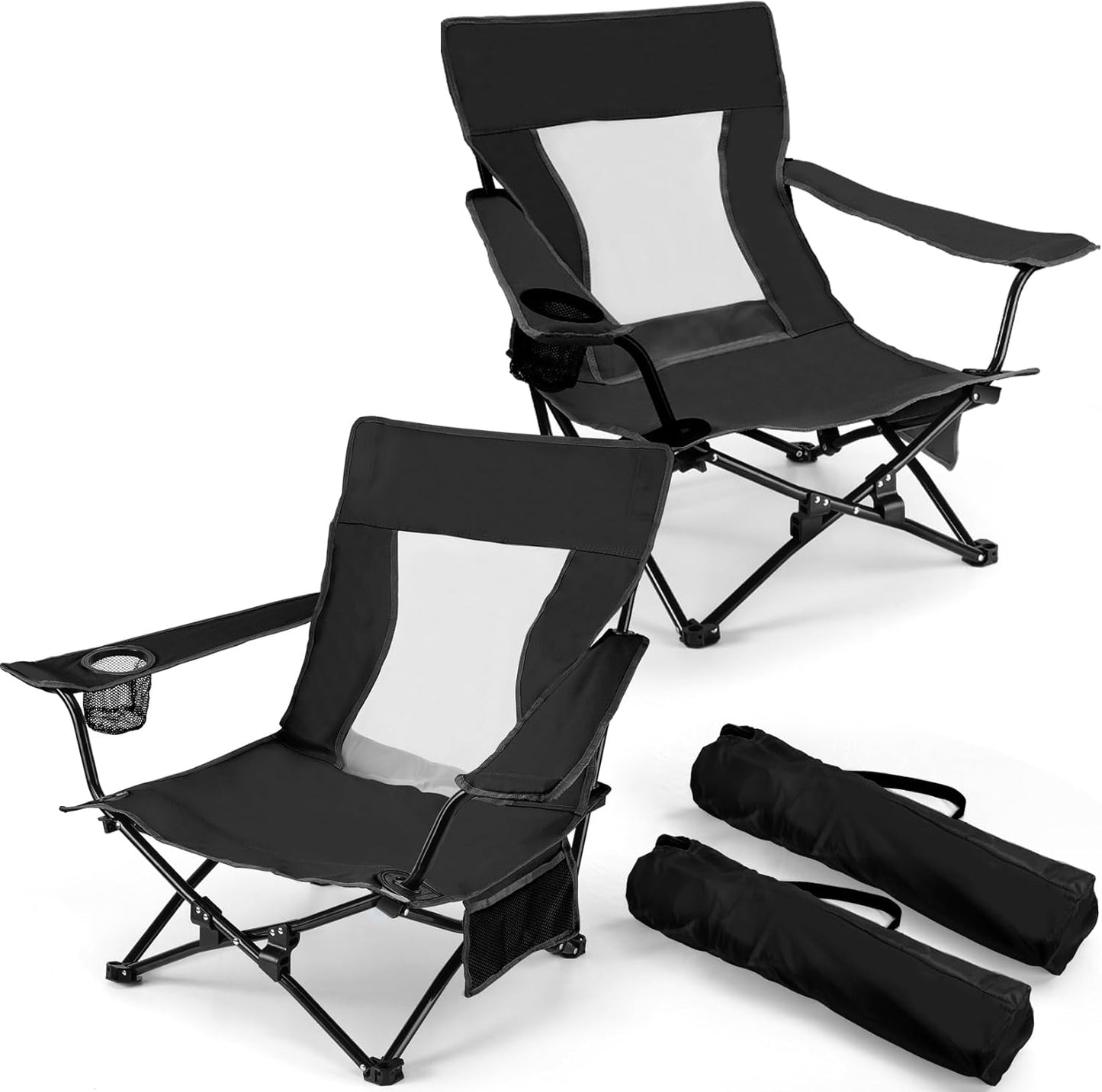 Joyfair Beach Camping Chair (2 Pack), Outdoor Folding Chair for Adults, Heavy Duty Portable Chair for Outside Fishing, Lawn, Sport, Patio, Armrest Cup Holder & Storage Pocket, Carry Bag (Blue)