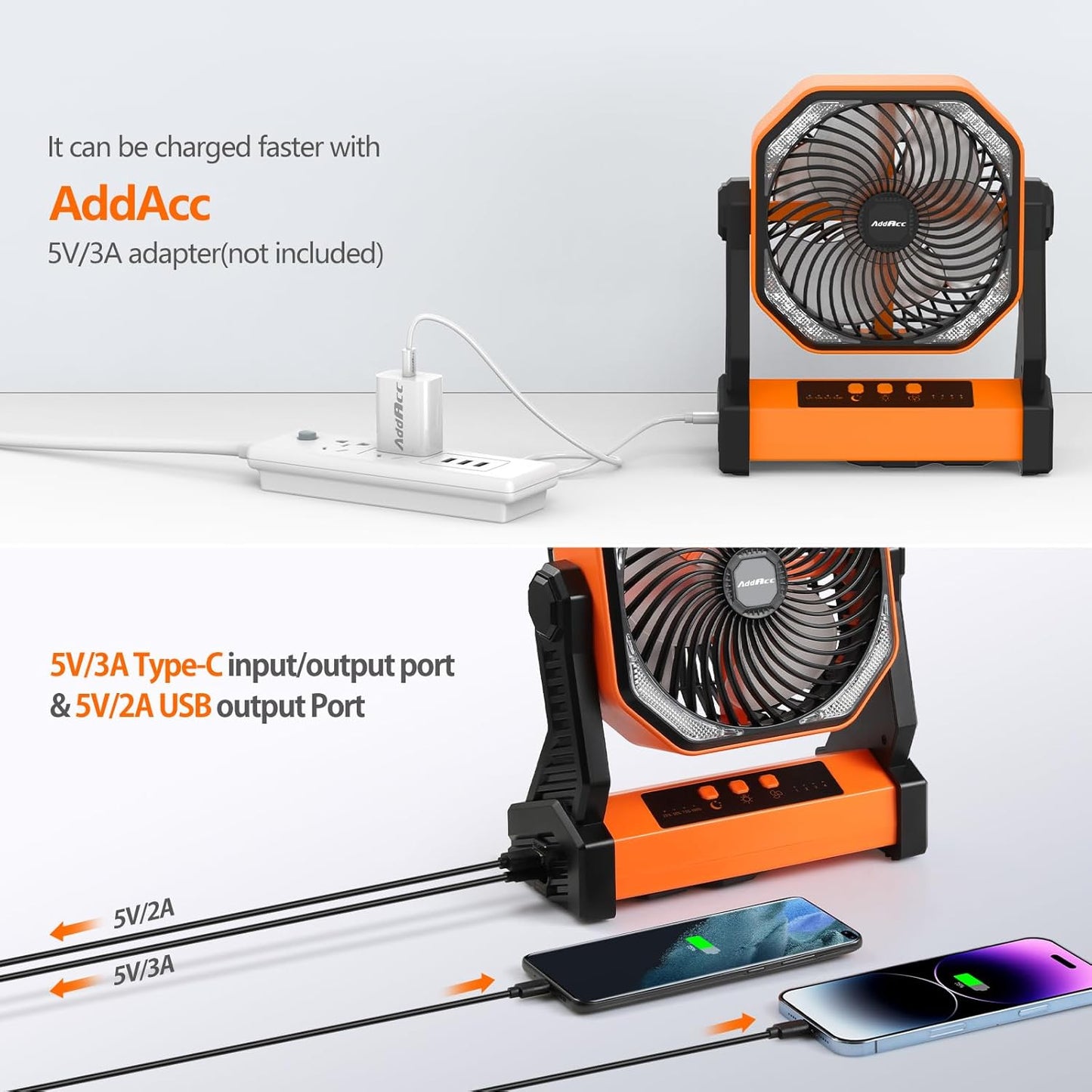 20000mAh Battery Powered Camping Fan, 58Hrs Rechargeable Portable Fan, 400LM Light, 360° Hook, Whisper Quiet Battery Operated Fan for Outdoor Car Travel Gear Essentials Power Outages Co-brand AMACOOL