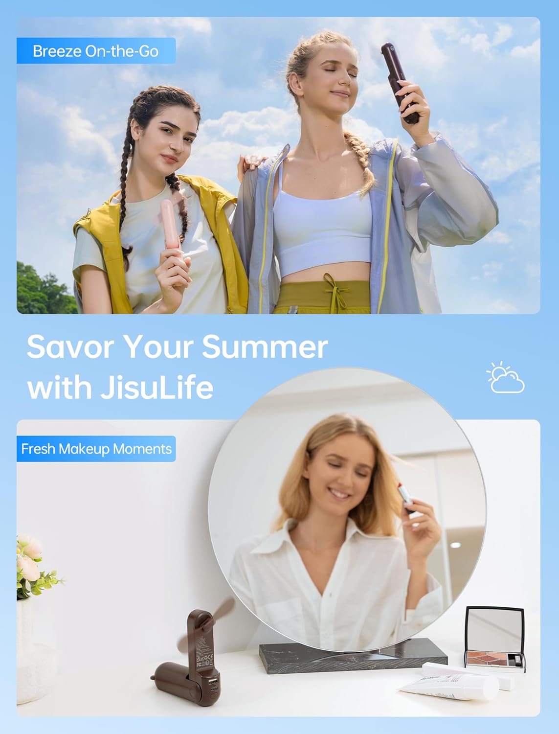 JISULIFE 3 IN 1 Handheld Mini Fan - Portable Fan & Power Bank & Flashlight, 19H Max Cooling, USB Rechargeable, Pocket-Sized for Travel, Cruise, Concerts, Makeup, 2026 Summer Gifts for Women(Brown)