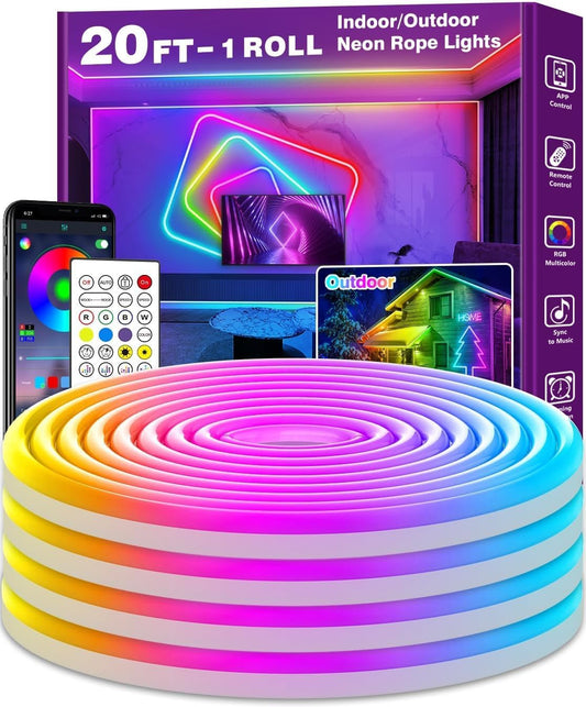 20Ft Neon Rope Lights,Flexible Led Rope Lights Control with App/Remote,Multiple Modes Rope Lights,IP65 Outdoor RGB Led Neon Lights Waterproof,Music Sync Gaming Led Neons Light Strip for Bedroom Decor