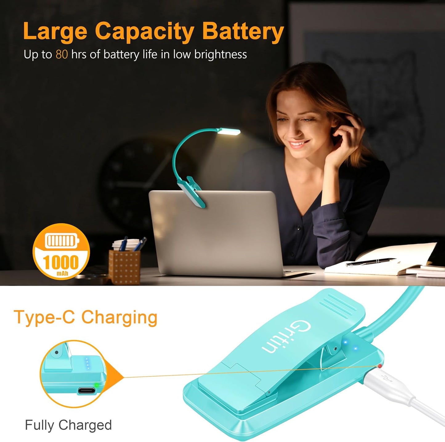 Gritin 9 LED Rechargeable Book Light for Reading in Bed - Eye Caring 3 Color Temperatures,Stepless Dimming Brightness,80 Hrs Runtime Small Lightweight Clip On Book Reading Light for Studying -Blue