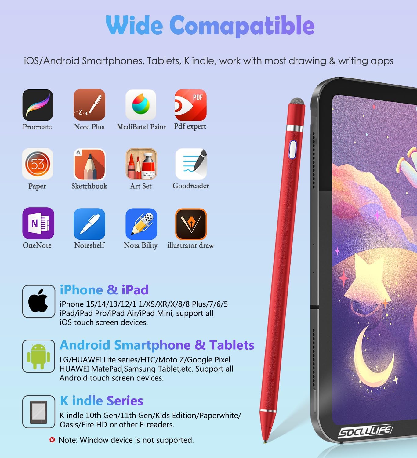 Active Stylus Pen for Touch Screens, Dual Pen Tips for Drawing &Writing,High Precise Universal Digital Pencil for Tablet/Phone/Sam-sung/K-indle,i-Pad Air/Pro/Mini,A-pple i-Phone 17/16/15/14/13/12- Red