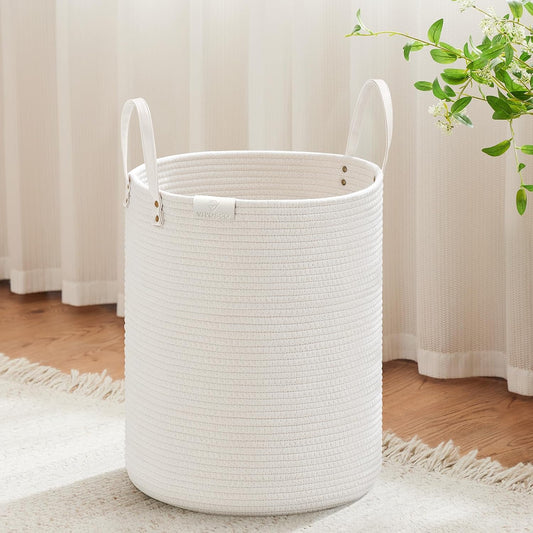 VIPOSCO 53L Tall Woven Rope Laundry Hamper, Leather Handles, White