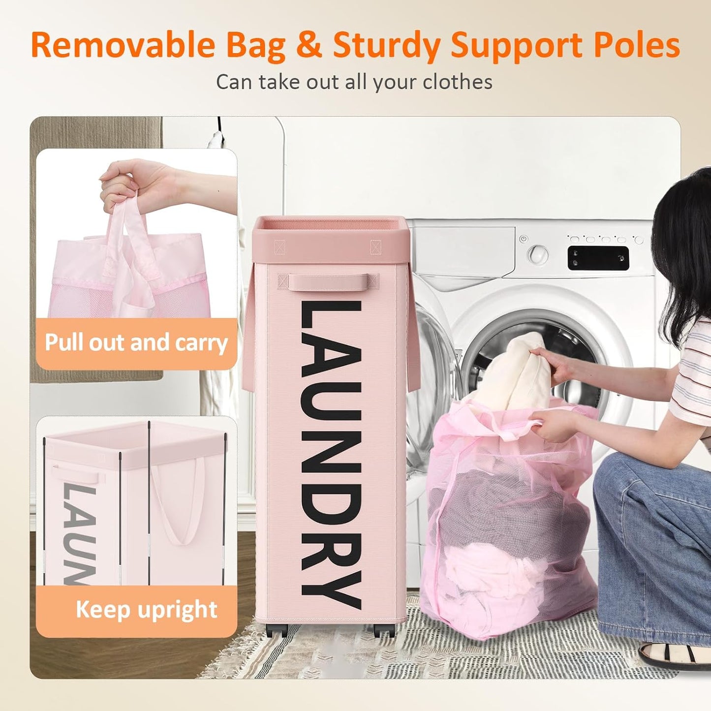 Optish Pink Laundry Basket with Wheels, Dorm Room Essentials Girl, 90L Rolling Laundry Hamper with Wheels, Large Clothes Hamper on Wheel with Removable Mesh Bag for Bedroom, Dorm