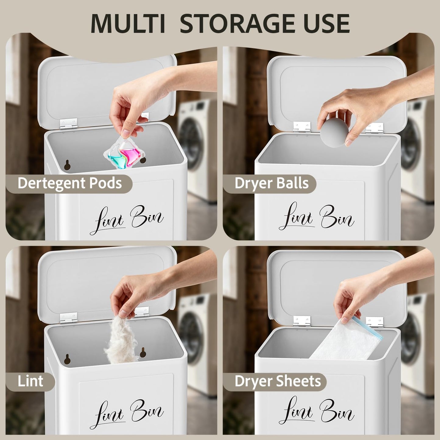 Sealegend Magnetic Lint Bin for Laundry Room with Dryer Lint Brush, Wall Mounted Metal Trash Can with Lid for Dryer, Space-Saving Laundry Organization and Storage, White