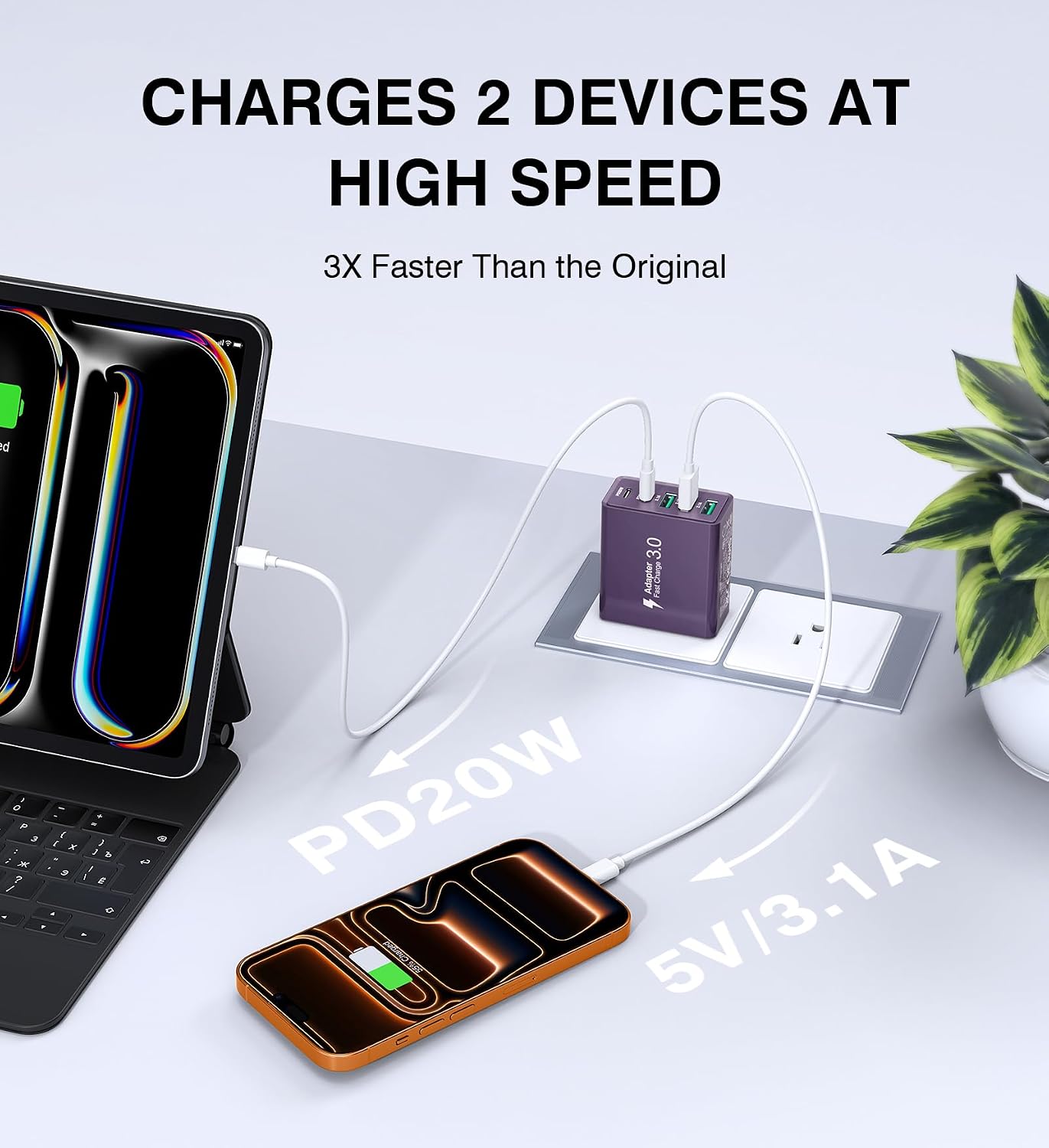 [2-Pack] USB C Wall Charger, 50W Charger Block 5-Port PD Fast Charging Blocks,Multiport 2USB C+3USB A Plug,Type C Power Adapter Brick Cube for iPhone 16/15/14/13/Pro,Samsung,for Switch（Purple）