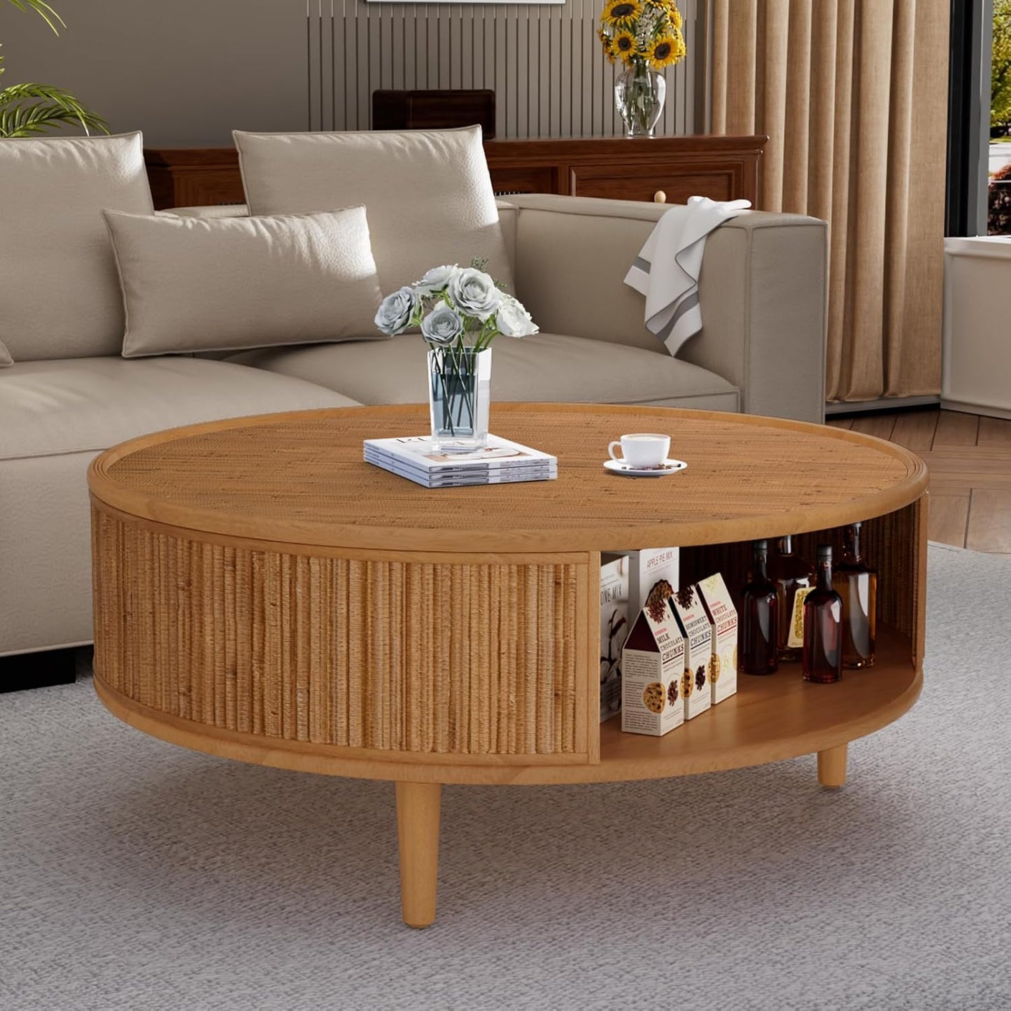 30.5in Rustic Round Coffee Table with Storage (Bamboo Woven 30.5in) | Circular Farmhouse Bamboo Center Tables with Anti-Skid Solid Wood Legs, for Living Room