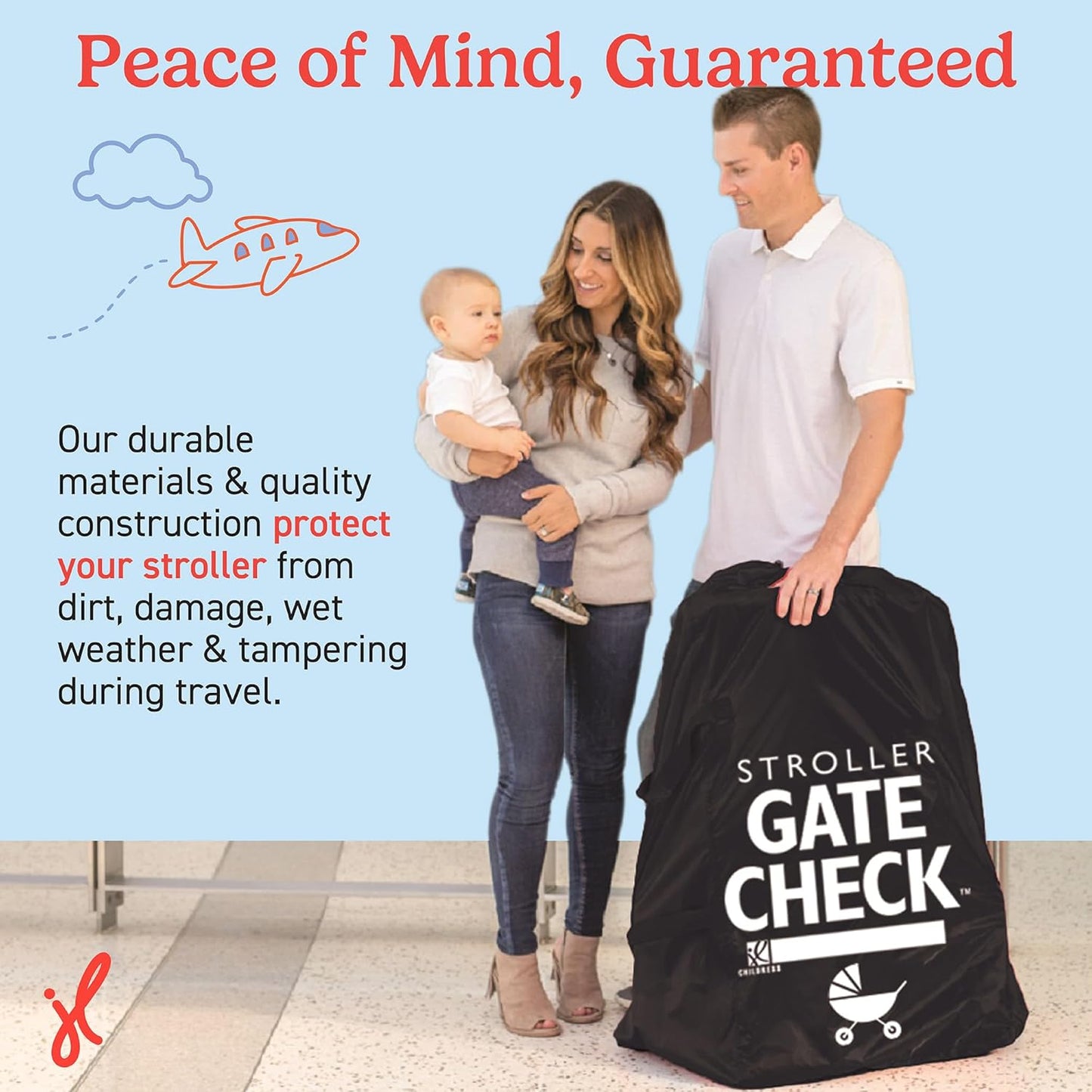 J.L. Childress Gate Check Bag for Single & Some Double Strollers - Travel Bag for Airplane, Fits Most Standard Baby Strollers, Airport Accessories Gate Check, Flying Essentials - Black
