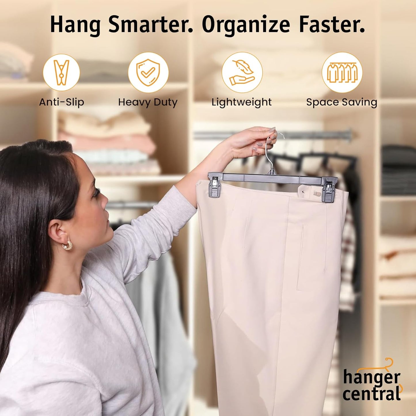 12 Inch 12 Pack Pants Hangers, Slim Plastic Clothes Hangers with Clips for Skirts, Pants, Shorts, Space Saving Heavy Duty Closet Organizer with Non Slip Grip & Swivel Hook – Black