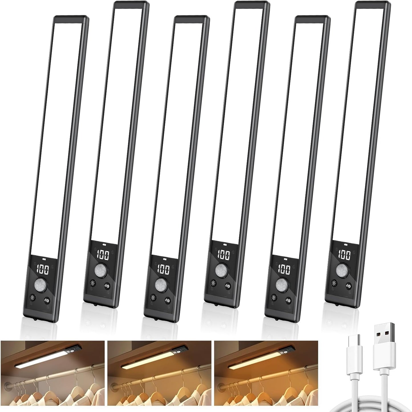Mpotmiy 6 Pack 10" Under Cabinet Lights with Digital Display,52 LED Rechargeable Motion Sensor Light Indoor,3 Color Temperatures, Magnetic Dimmable Closet Lights, Under Counter Light for Kitchen