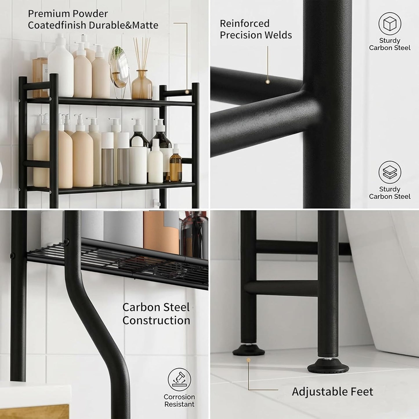 GloTika 3-Tier Over Toilet Storage with 2 Basket & Anti-Tilt System - 150lb Total Capacity Metal Bathroom Shelves Including Paper Holder & 4 Hooks, Space Saving Above Commode Organizer (64" H, Black)
