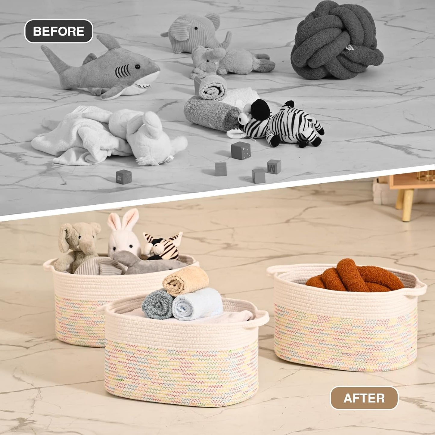 DUHEL Cotton Rope Woven Storage Basket(White&Colored Stitching-3Pcs) | Used for Baby Hamper Toy Organizer, Gift Baskets Empty,Kids,Baby,nursery. Size 15x10x8.7 Inches.
