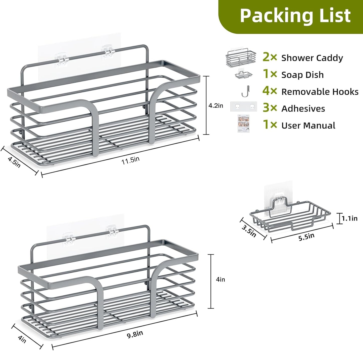 Yougai Shower Caddy, Shower Organizer with Soap Holder and Hooks, Rustproof Shower Shelves, No Drilling Bathroom Organizers and Storage, Wall-Mounted Kitchen & Home Decor (Dark Gray)