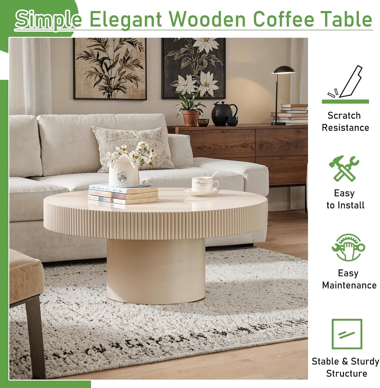 30.71'' Round Coffee Table (White Thin) | Modern Handcraft Drum Coffee Table, Unique Fluted, Wood Center Table, For Living Room, Small Space, Farmhouse, Apartment