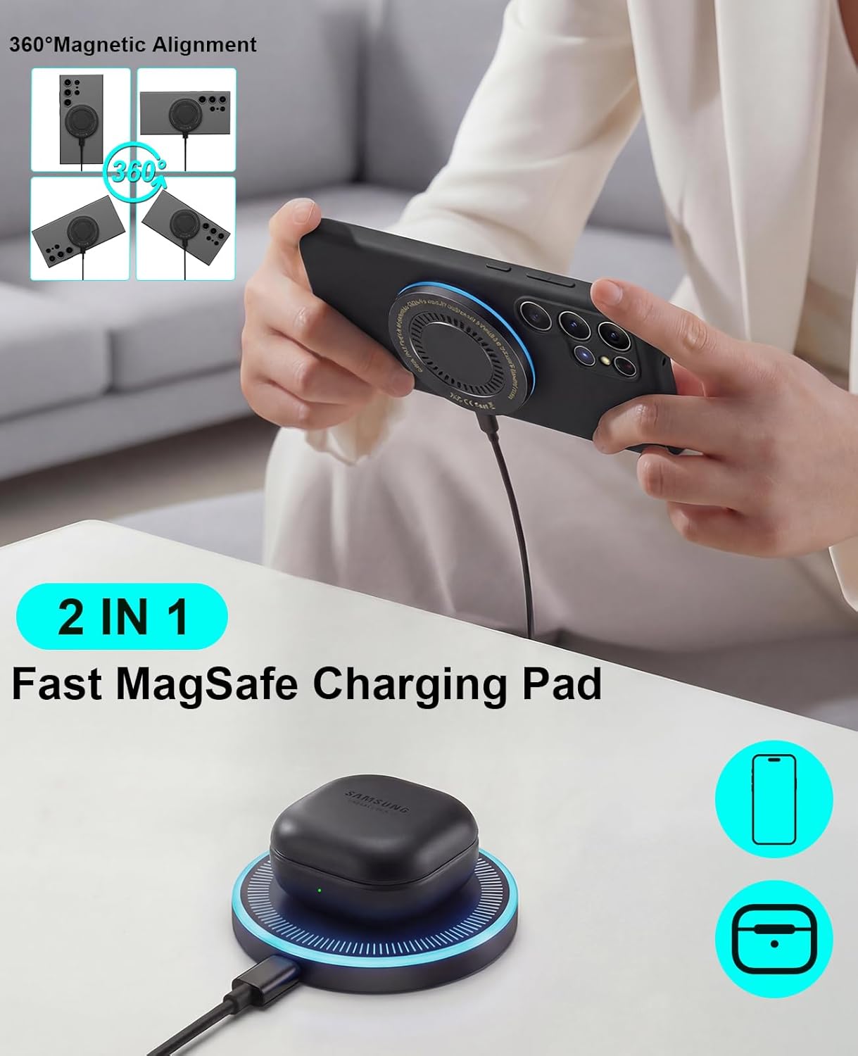 Wireless Charger 2Pack 6FT Samsung Magnetic Wireless Charger Fast Charging Pad with USB-C/A Ports for Samsung Galaxy S25 Ultra/S24 FE/S23 Ultra/S22/S21/Z Google Pixel 9-7 | Strong Magnet Technology