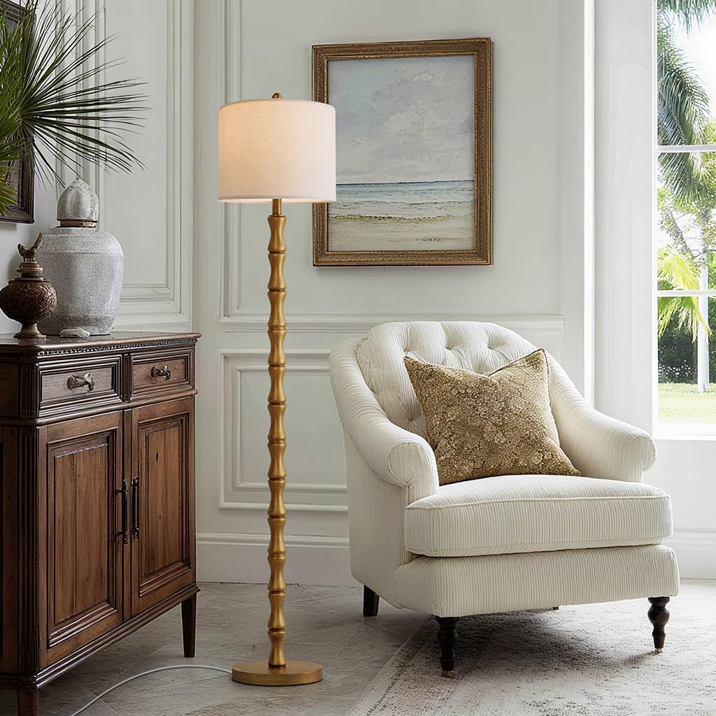 BOBOMOMO 62" Rustic Floor Lamp, Retro Farmhouse Standing Lamp with Rotary Switch, Resin Antique Gold Floor Lamp for Living Room, Bedroom, Dining Room, Nursery, Elegant Home Décor