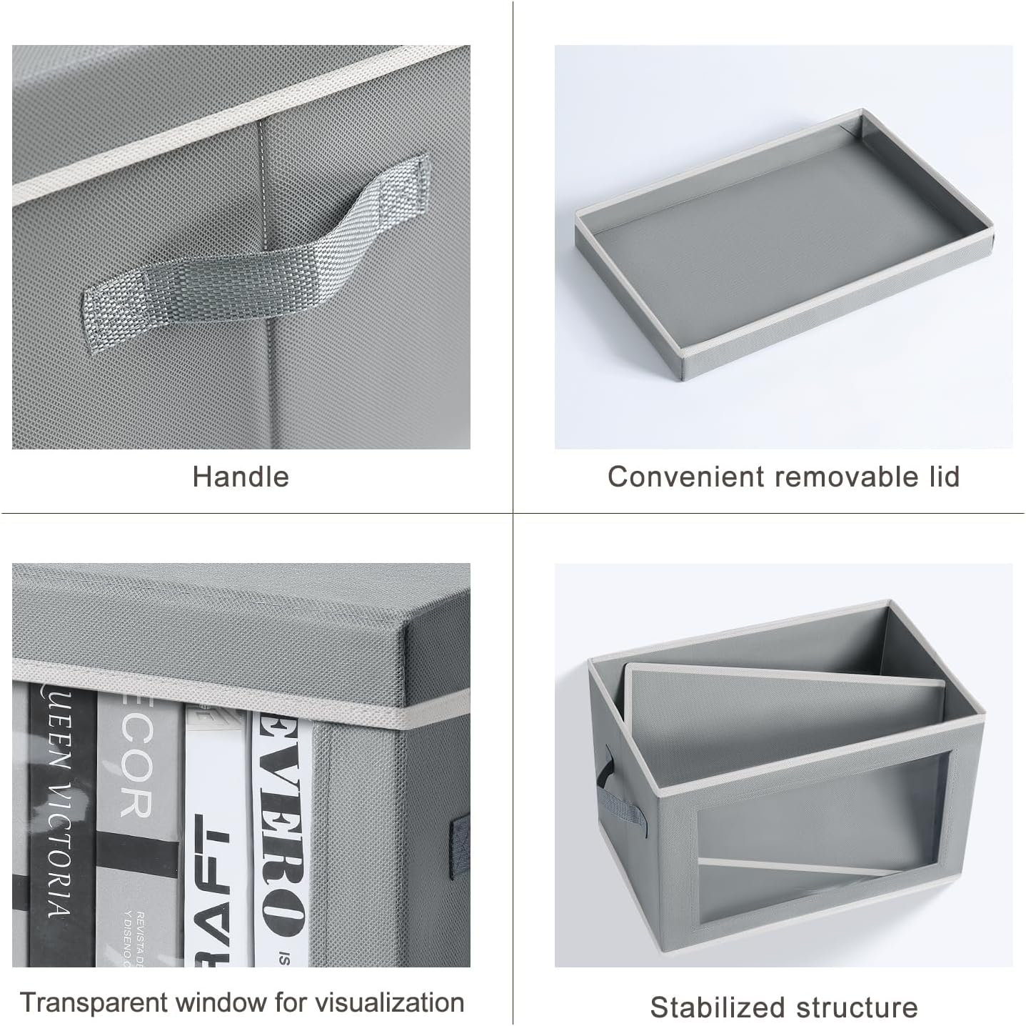 Homsorout Storage Bins with Lids - Fabric Closet Storage Bins with Window, Collapsible Baskets for Shelves 4 Pack, Home Decorative Boxes for Clothes, Closet, Office, Grey