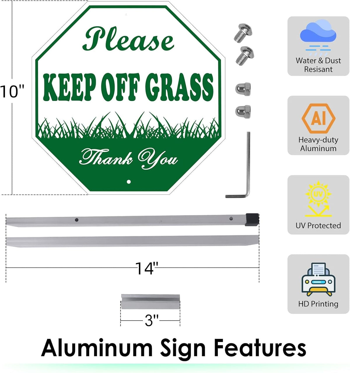 Keep Off Grass Sign 2 Pack, Please Be Respectful, 10" x 10" Rust Free Reflective Aluminum Metal Sign, With 28" Long Metal Stake, Fade Resistant, Waterproof, Easy to Mount, For Outdoor Yard