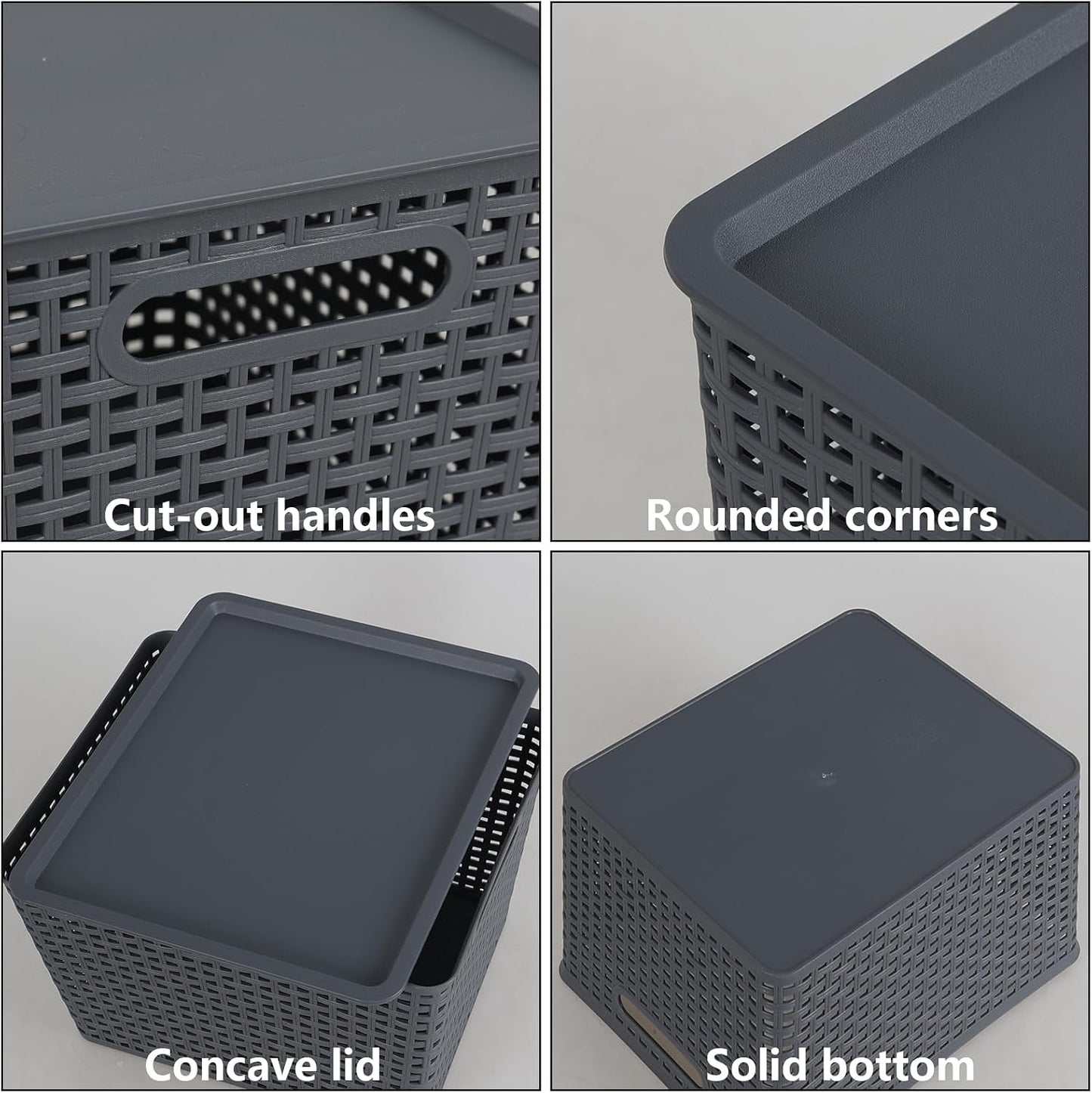 Anbers 6 Pack Plastic Weave Storage Basket with Lid, Dark Grey