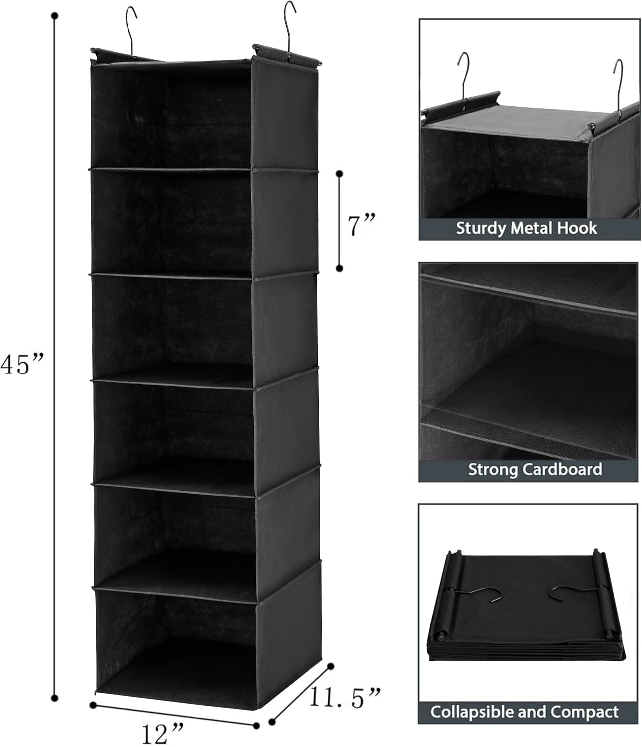 MAX Houser 6 Tier Shelf Hanging Closet Organizer, Closet Hanging Shelf with 2 Sturdy Hooks for Storage, Foldable (Black)