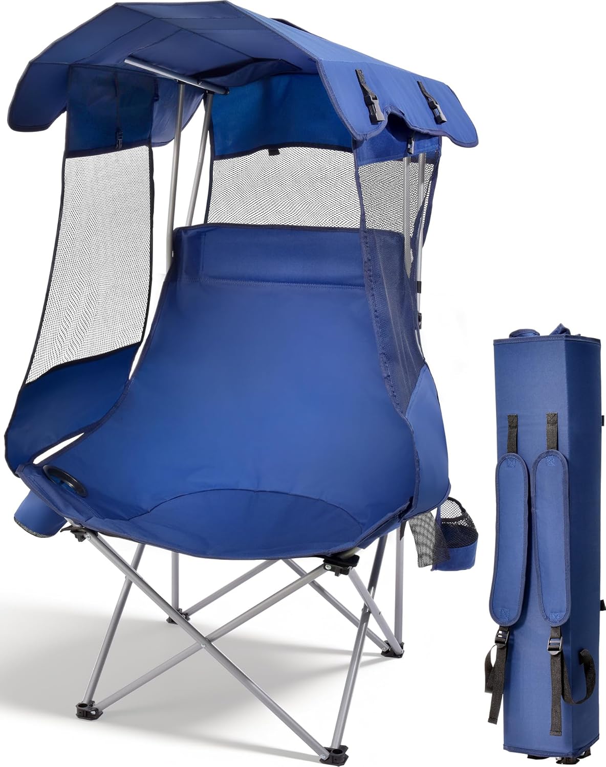 East Oak Camping Chair with Canopy | 25" High Back Folding Beach Chair with Canopy Shade, Supportive Headrest, Cup Holder, Side Pocket, 330 lbs Canopy Chairs for Outdoors Sports