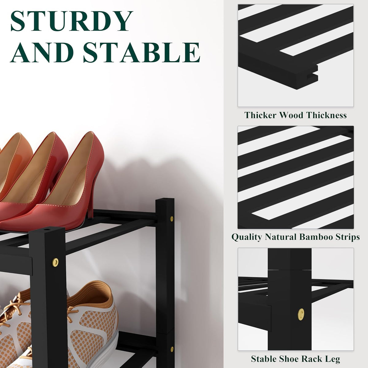 Smiry Bamboo Shoe Rack, 8 Vertical Slats, 4 Tier - 17.3" Wide, Black