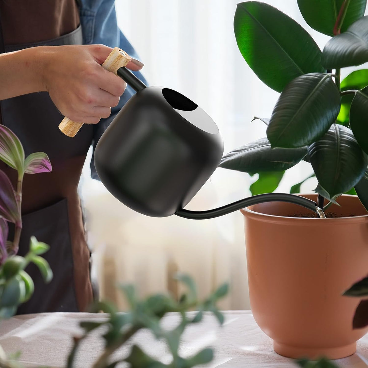 Green Moon 1.2L/41oz Metal Metal Watering Can with Long Spout, Black