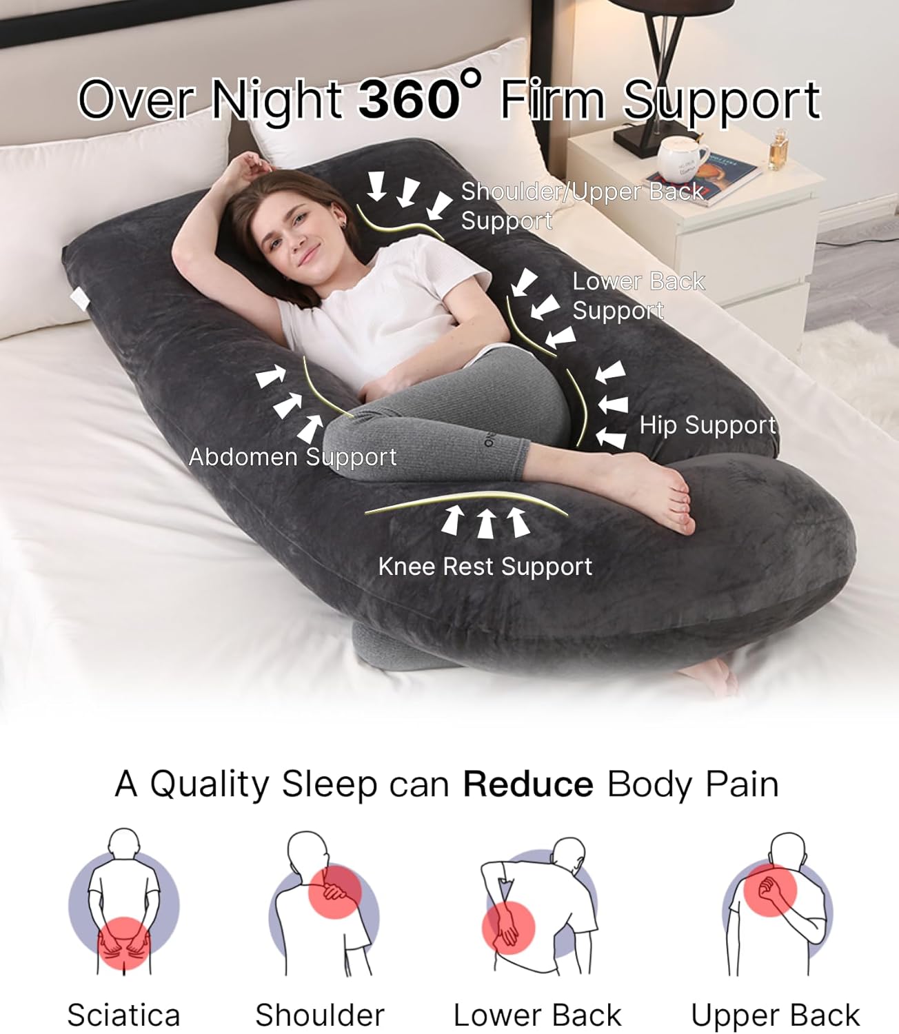 ALLOPERA 57 Inch Pregnancy Pillow for Sleeping, Full Body Support Pillow with Removable Washable Cover for Maternity Comfort, Black Grey Velvet Cover