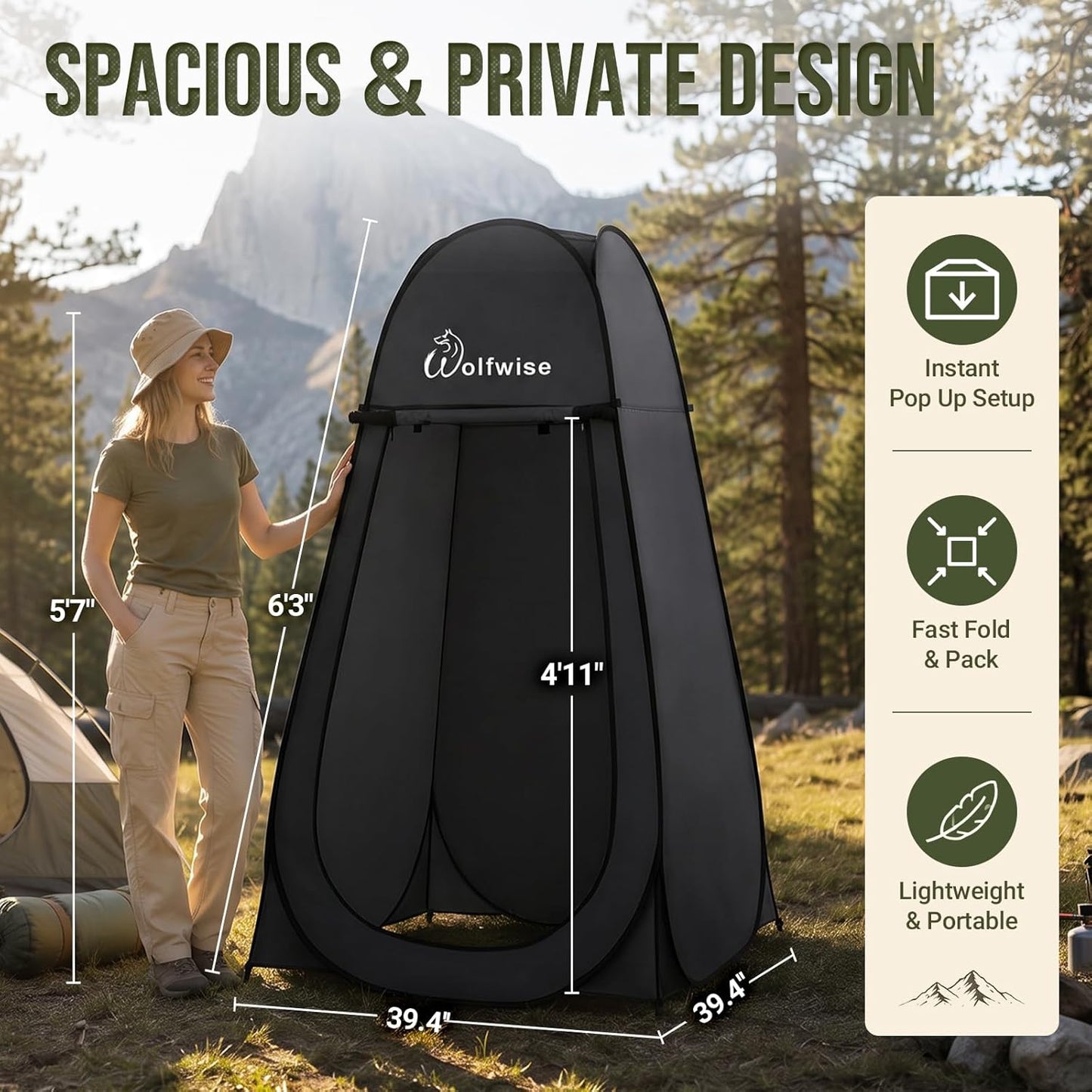 Wolfwise Pop Up Shower Tent for Camping Essentials, Portable Instant Changing Tent with Ventilation Window & Carry Bag, Privacy Dressing Room Bathroom Toilet for Beach & Outdoor, Standard, Black