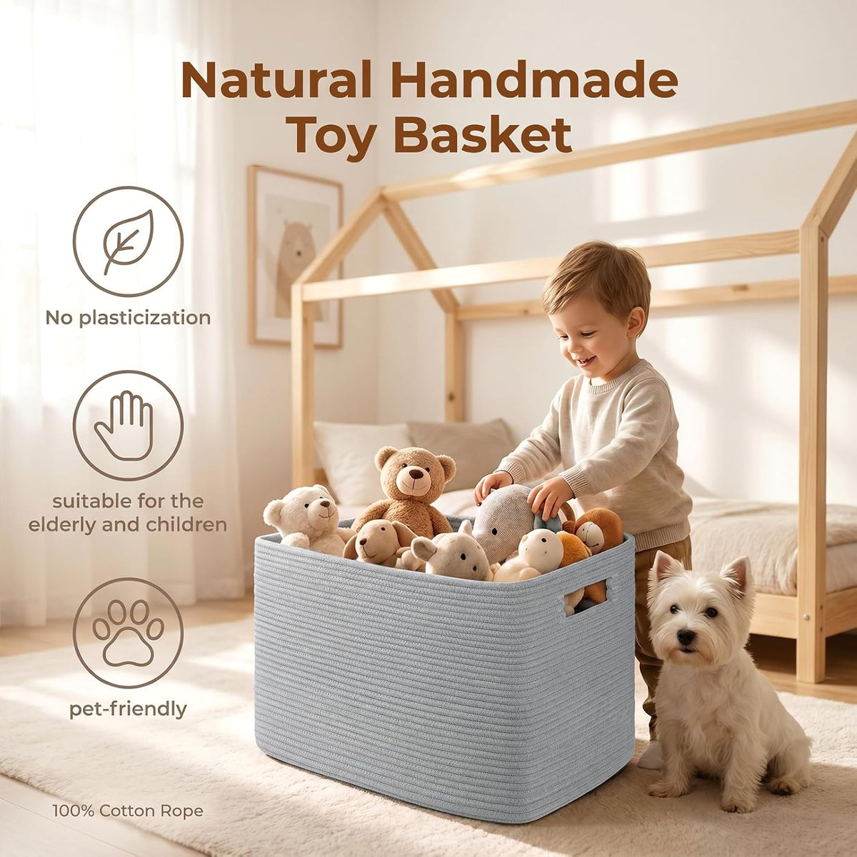 OIAHOMY 75L Large Blanket Basket, Woven Blanket Storage Basket with Handle, Cotton Rope Basket for Organizing 22”x17”x12”, Blanket Basket living Room, Toy Basket for Nursery, Grey