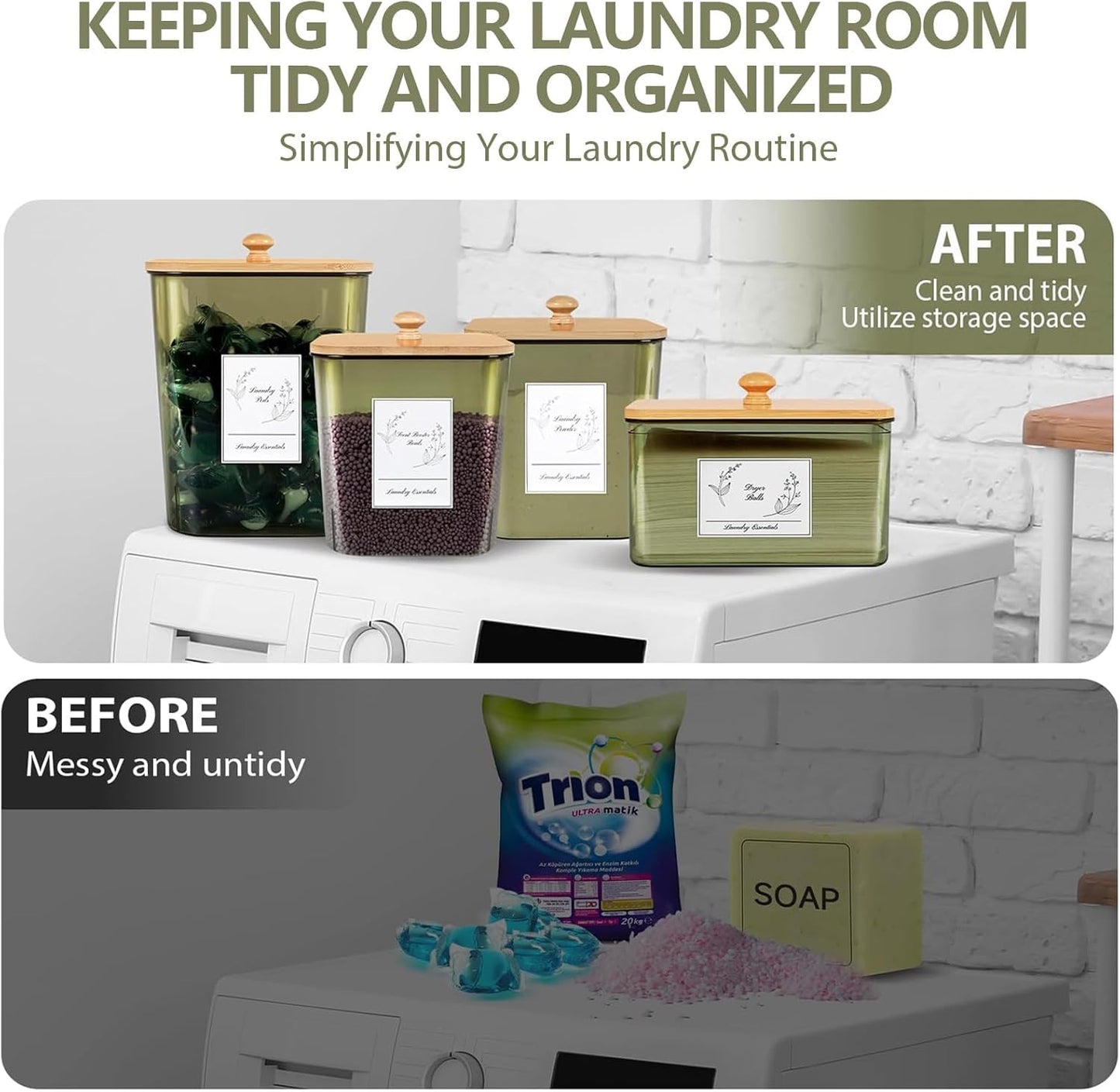 Zingbee 4 Pack Laundry Pods Container & Dryer Sheet Holder, Plastic Pod Holder with Lids & Scoops, Laundry Room Organization and Storage Sets for Powder, Detergent, Scent Booster