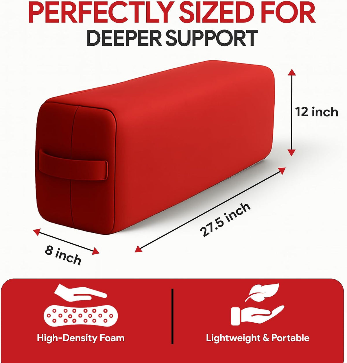 Rectangular Yoga Bolster Pillow for Meditation, Yoga & Back Support – Soft Meditation Cushion with Removable Hand Wash Cotton Cover & Carry Handle (Red)