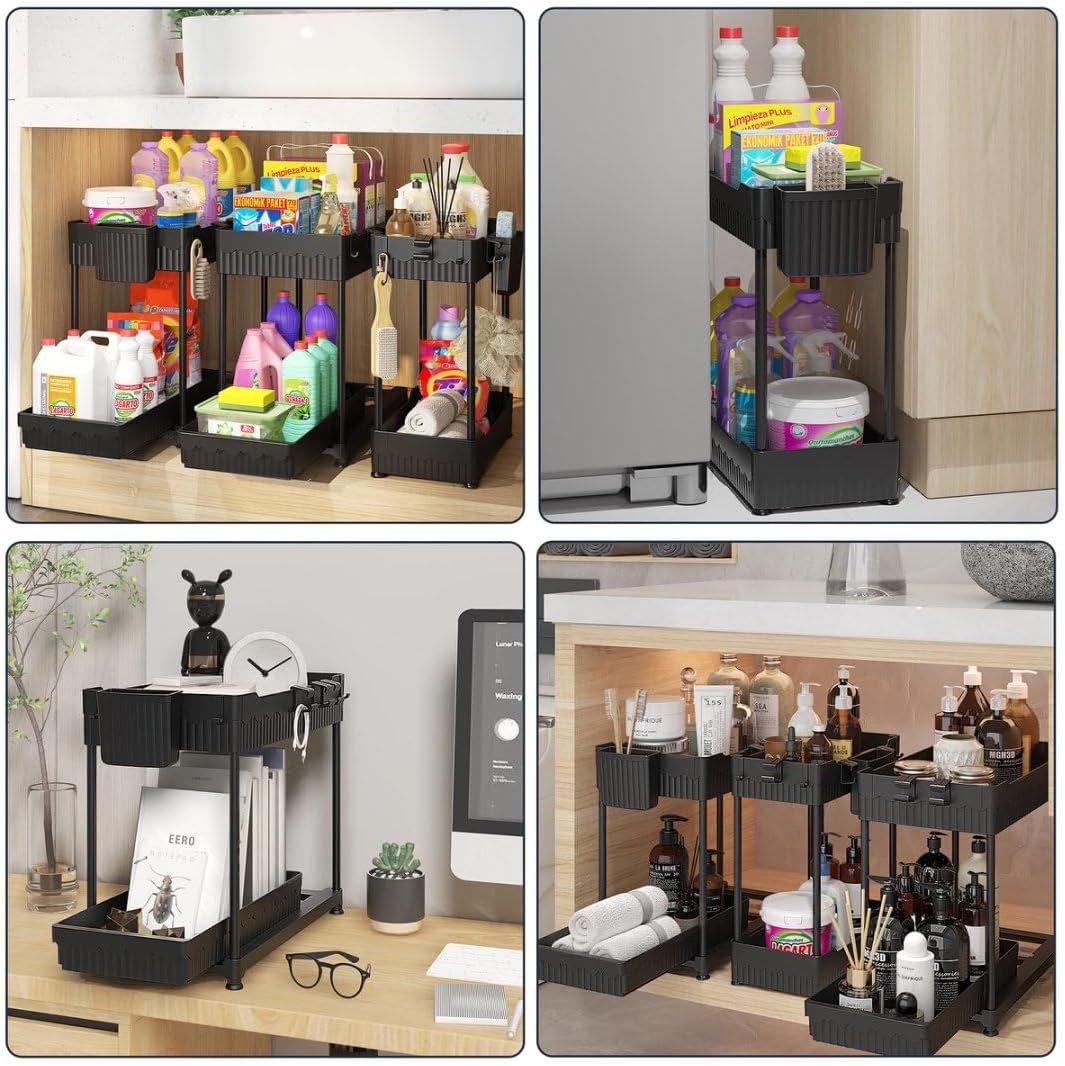 Sevenblue 3 Pack Under Sink Organizers,2-Tier Multi-Use Kitchen and Bathroom Organizers and Storage with Sliding Drawers,Bathroom Cabinet Organizer (Black, 12.8 Inch)