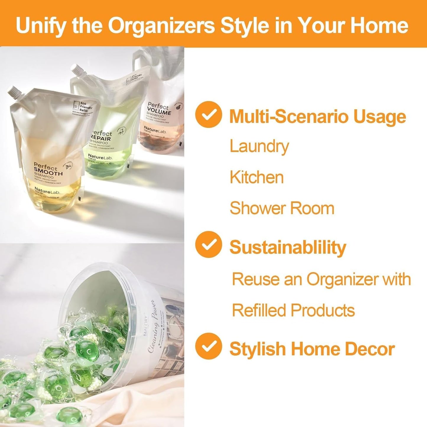 FEXIA 3+2 Pack Laundry Pods Containers and Dryer Sheet Holder with Laundry Detergent Dispenser Laundry Room Organization Storage Containers with Lids and Labels for Scent Booster,Powder,Pods