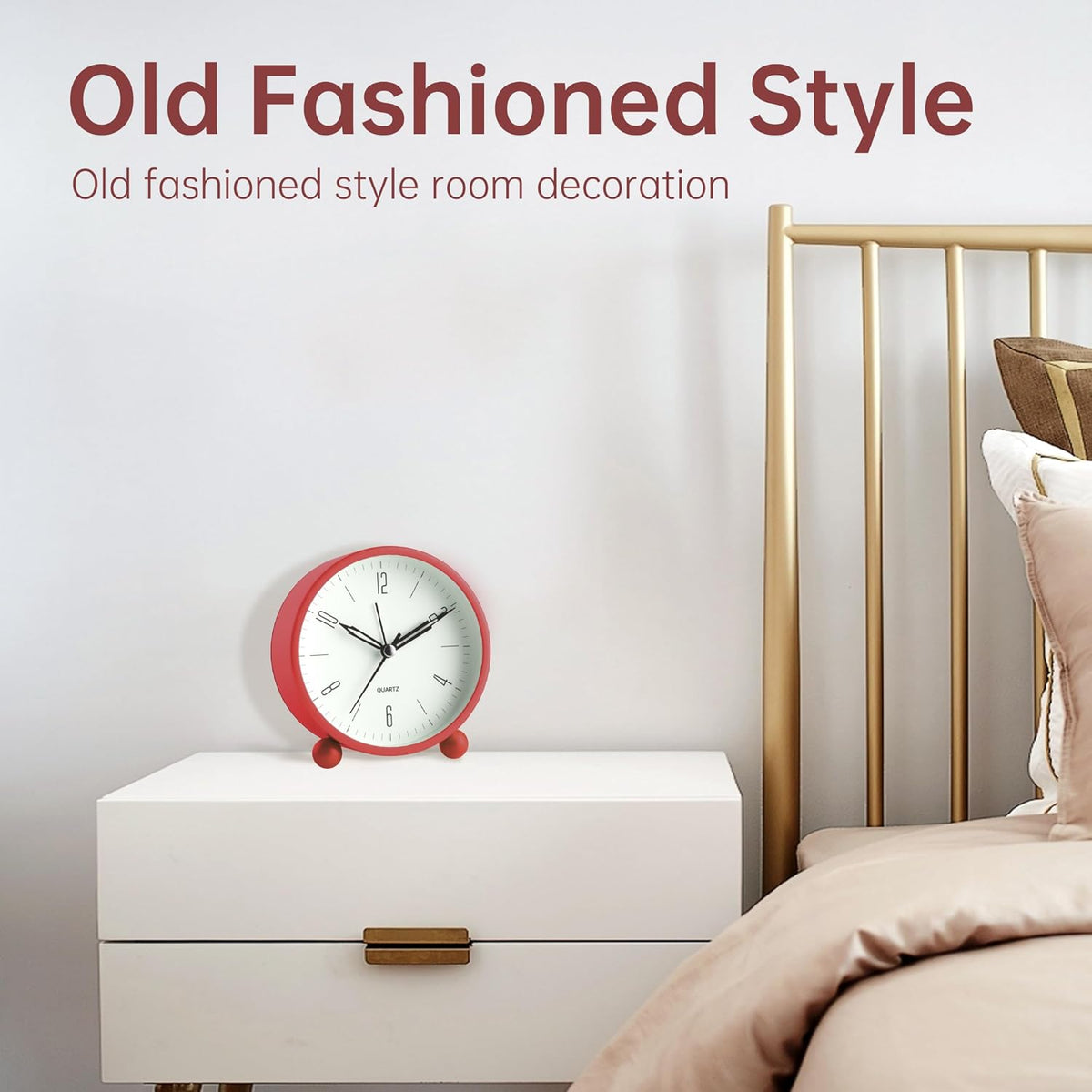Analog Alarm Clock, 4 inch Super Silent Non Ticking Small Clock with Night Light, Battery Operated, Simple Design, Old Fashioned Style Wine-red Decor, for Bedroom, Bedside, Desk, Adult, Gift, Red