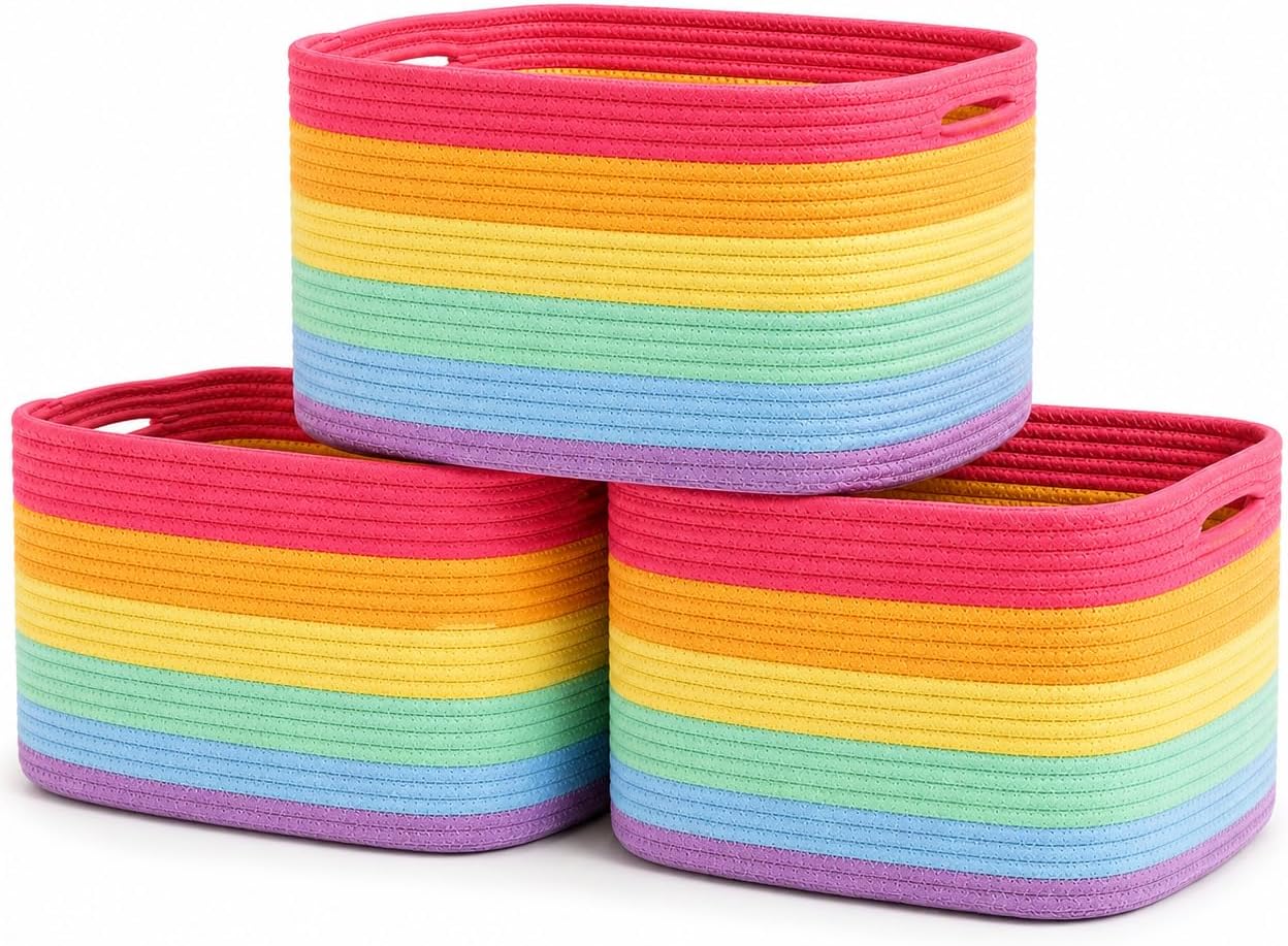 OrganiHaus Rainbow Baskets for Shelves, Set of 3, 15x9x10 | Colorful, handwoven cotton rope; a toy bin for playroom, classroom, or girls' room decor; great for nursery too