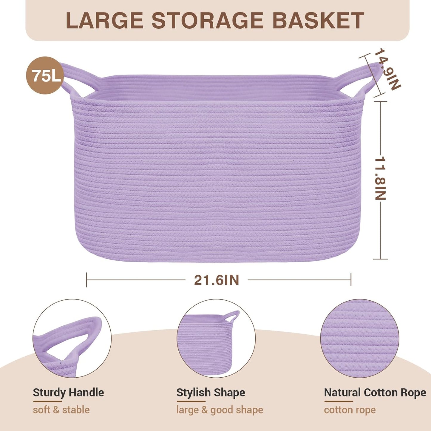 YOUDENOVA Large Blanket Basket, Rectangle Cotton Rope Storage Baske | 21.6''×14.9''×11.8'' Nursery Laundry Hamper for Storage Clothes Organizing, Woven Basket, Dirty Clothes Organizer Bins